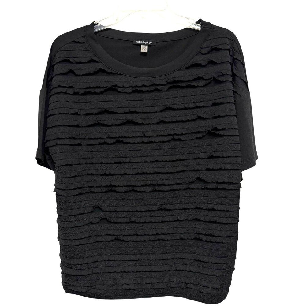 Cable & Gauge Size Large Black Stretchy Short Sleeve Top Mini Tier Ruffles